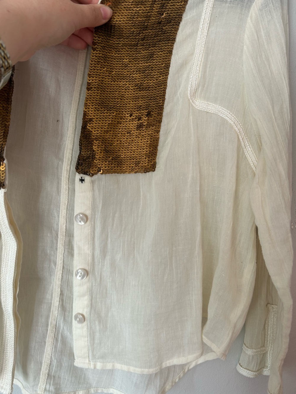 Free People New Romantics Cream Blouse Shirt with Brown Sequin Bib boho L - Picture 12 of 13